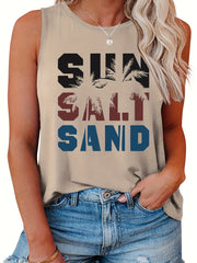 Casual Tank Top Women's Plus Art Letter & Coconut Tree Print Round Neck Tank Top
