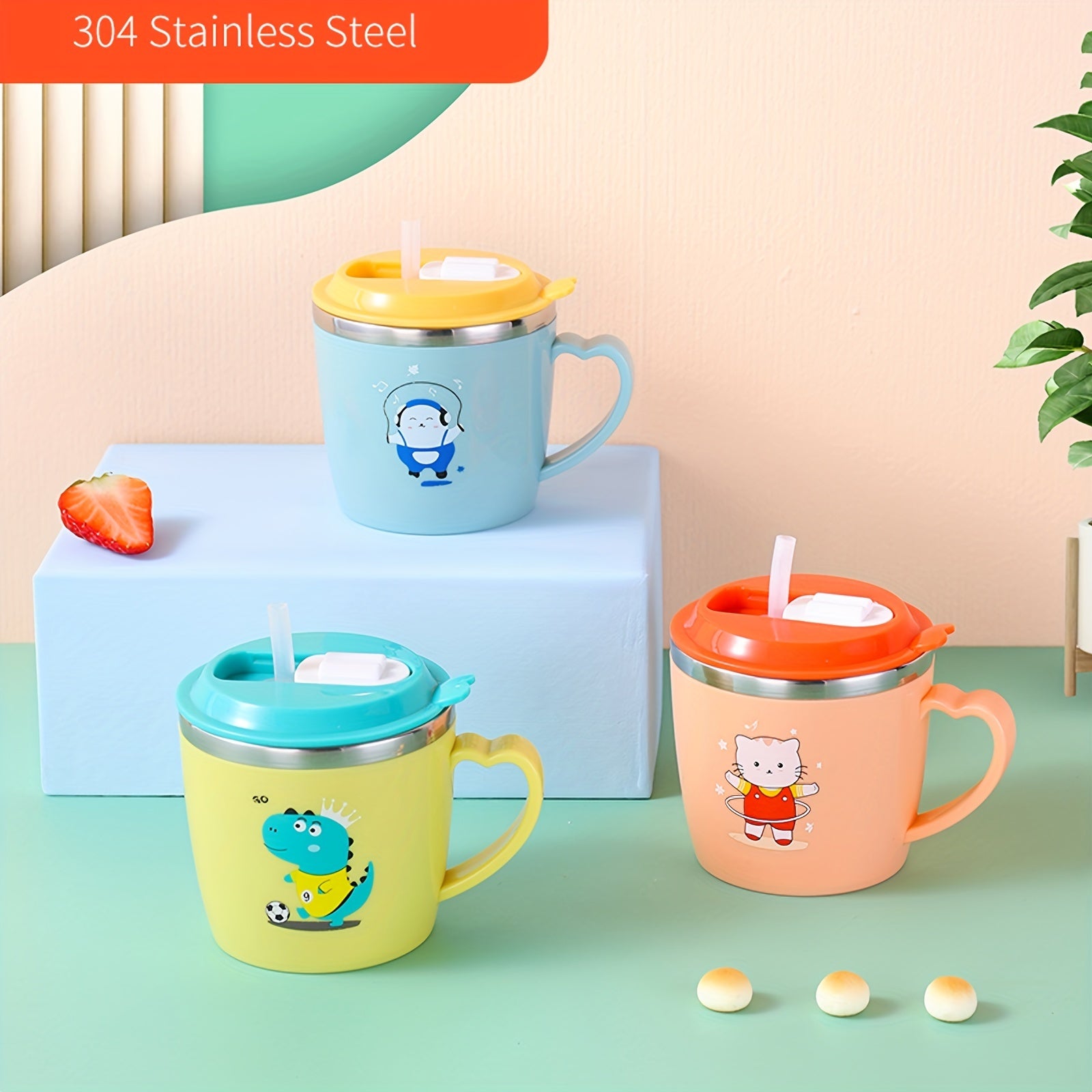 Kids 250ml Cartoon Water Bottle with Steel Straw Cup