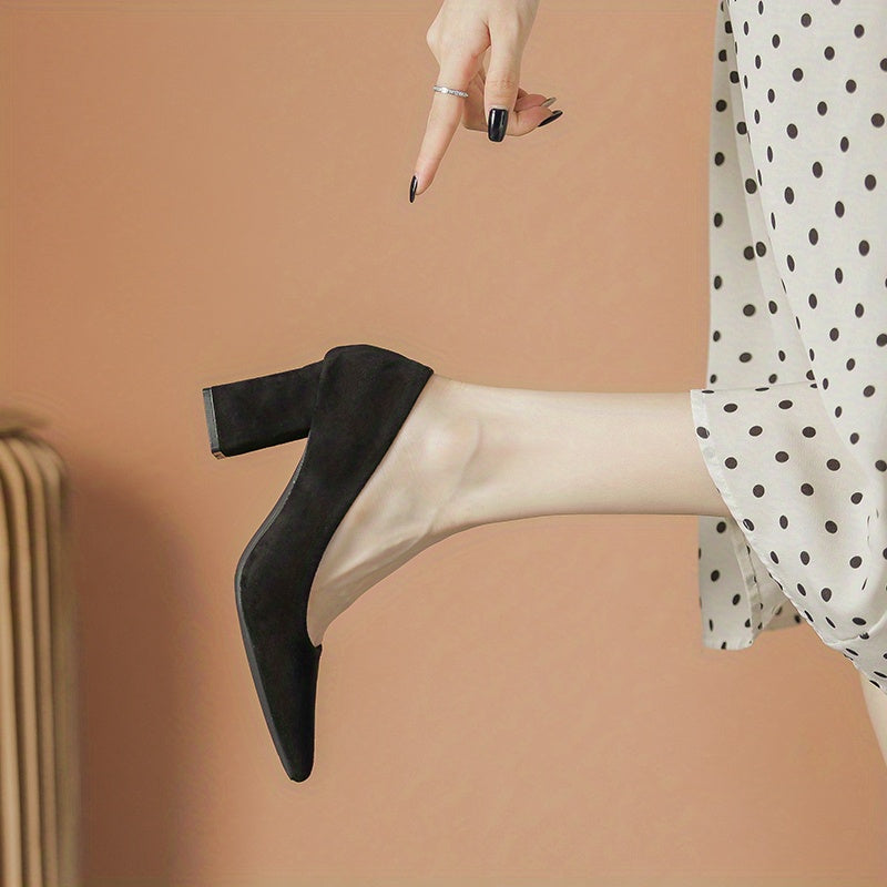 Suede Block Heels Pointed Toe Pumps