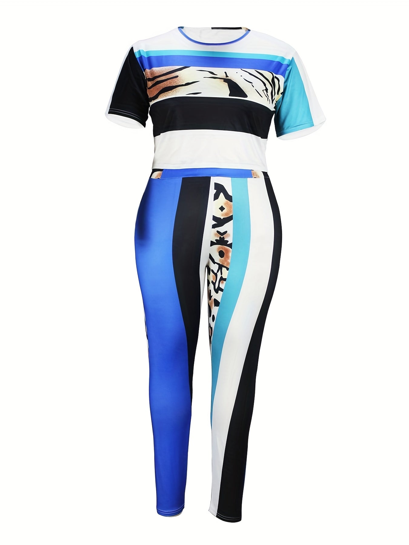 Colorblock Leopard Print Crop Top & Leggings Set