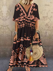 Boho Dress Women's Plus Geometric Print V Neck Short Sleeve Maxi Dress