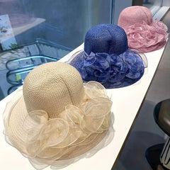 Mesh Flower Decor Sun Hat Organza Ruffles Derby Hat