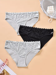 3 Pack Plus Size Ribbed Paisley Lace Briefs Set