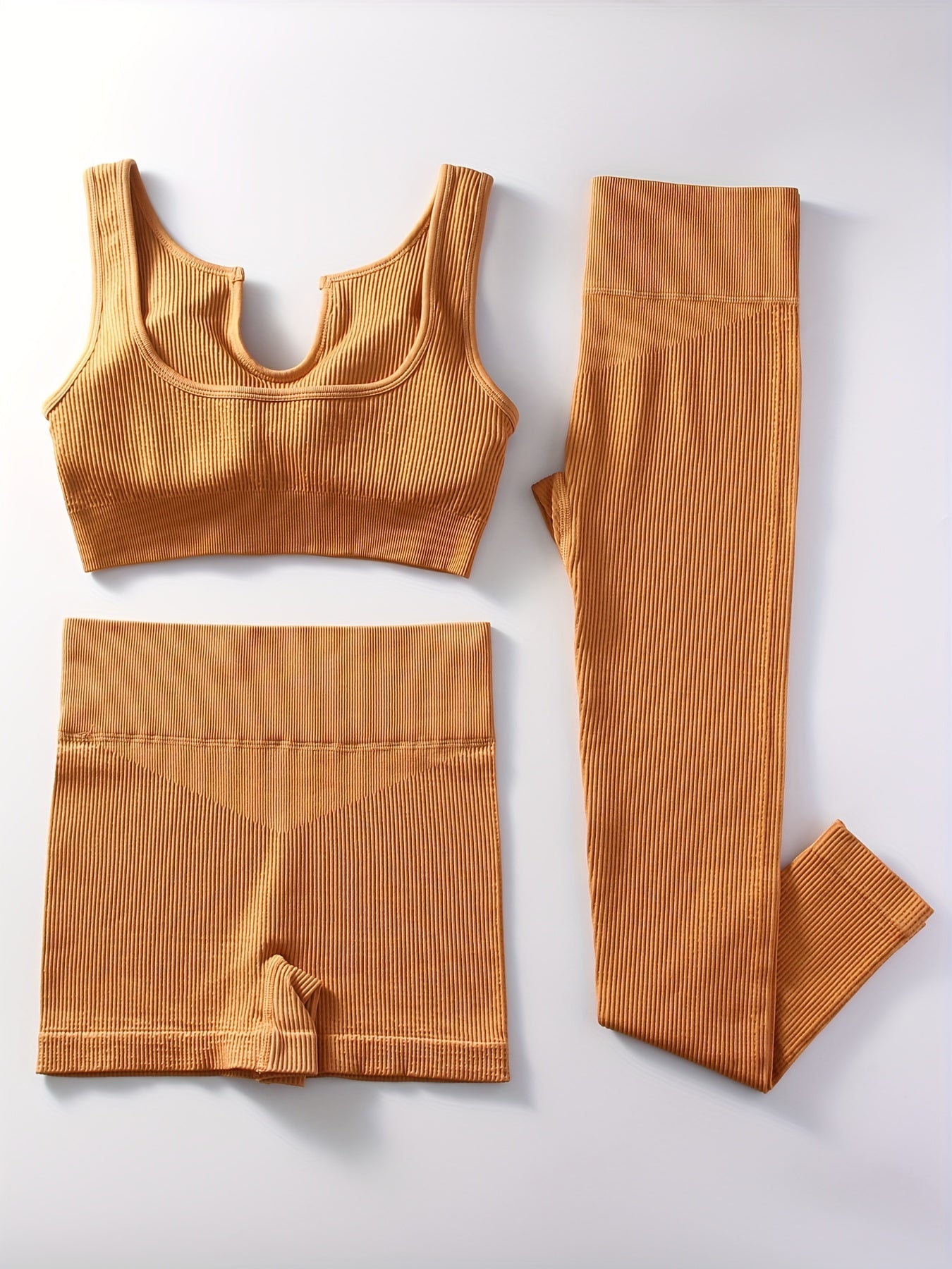 Ribbed Yoga Workout Set Sports Bra, Shorts, Leggings