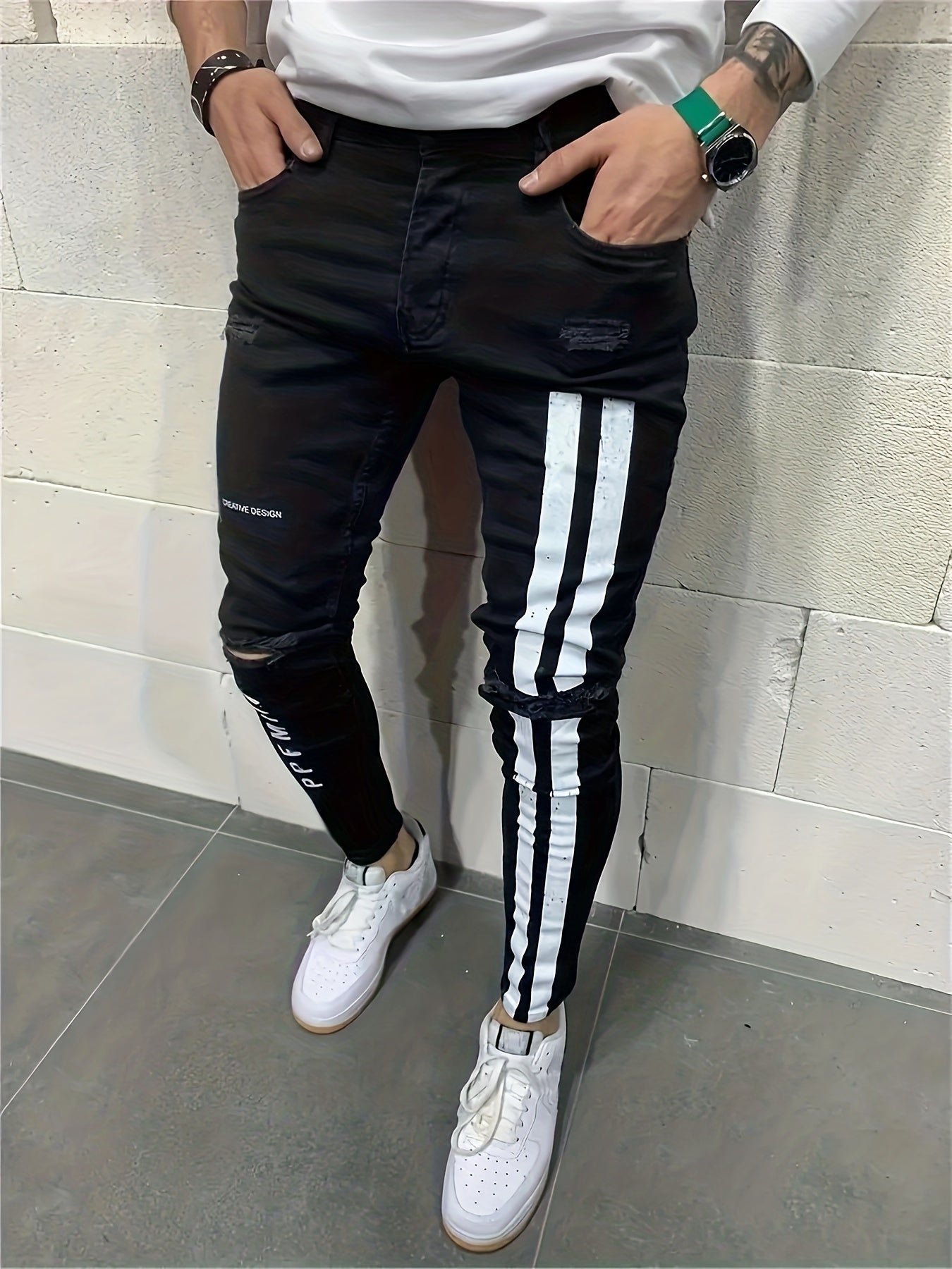 Men's Ripped Jeans Street Style Stretch Denim Pants