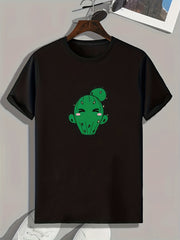 Cartoon Cactus Print Men's Comfy T-shirt for Outdoor Summer