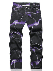 Lightning Pattern Dye Jeans Casual Loose Fit Denim Pants
