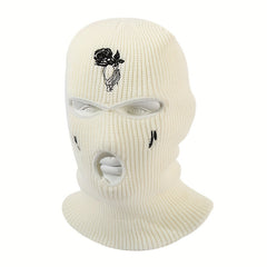 Unisex Thermal 3 Hole Knitted Mask with Flower Embroidery