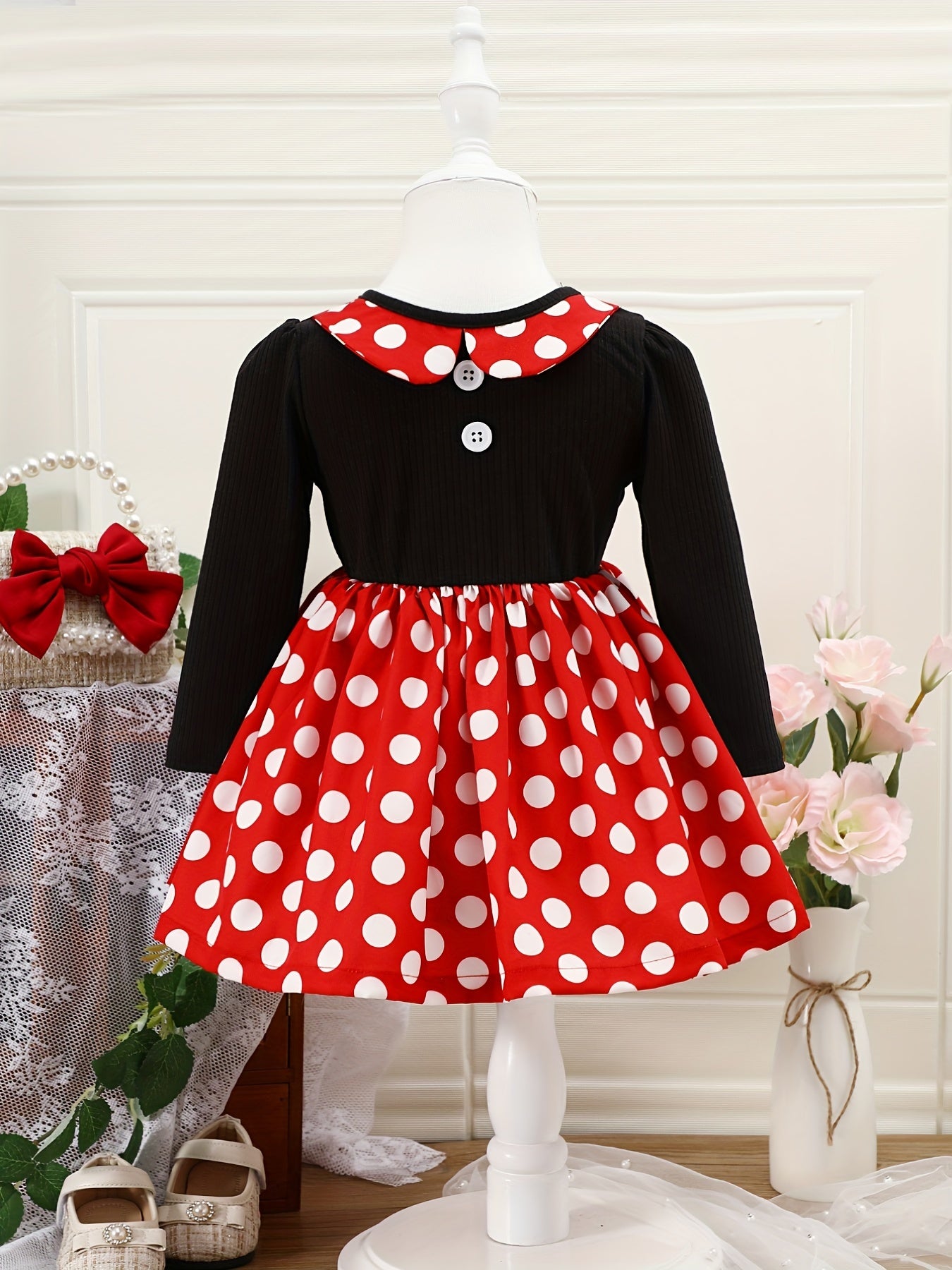 Baby Girls Polka Dot Big Bow Back Long Sleeve Dress
