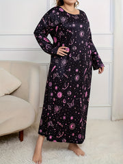 Galaxy Print Long Sleeve Round Neck Tee Sleep Dress