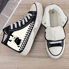 Cat Print Plush Lined Thermal Chunky Canvas Sneakers