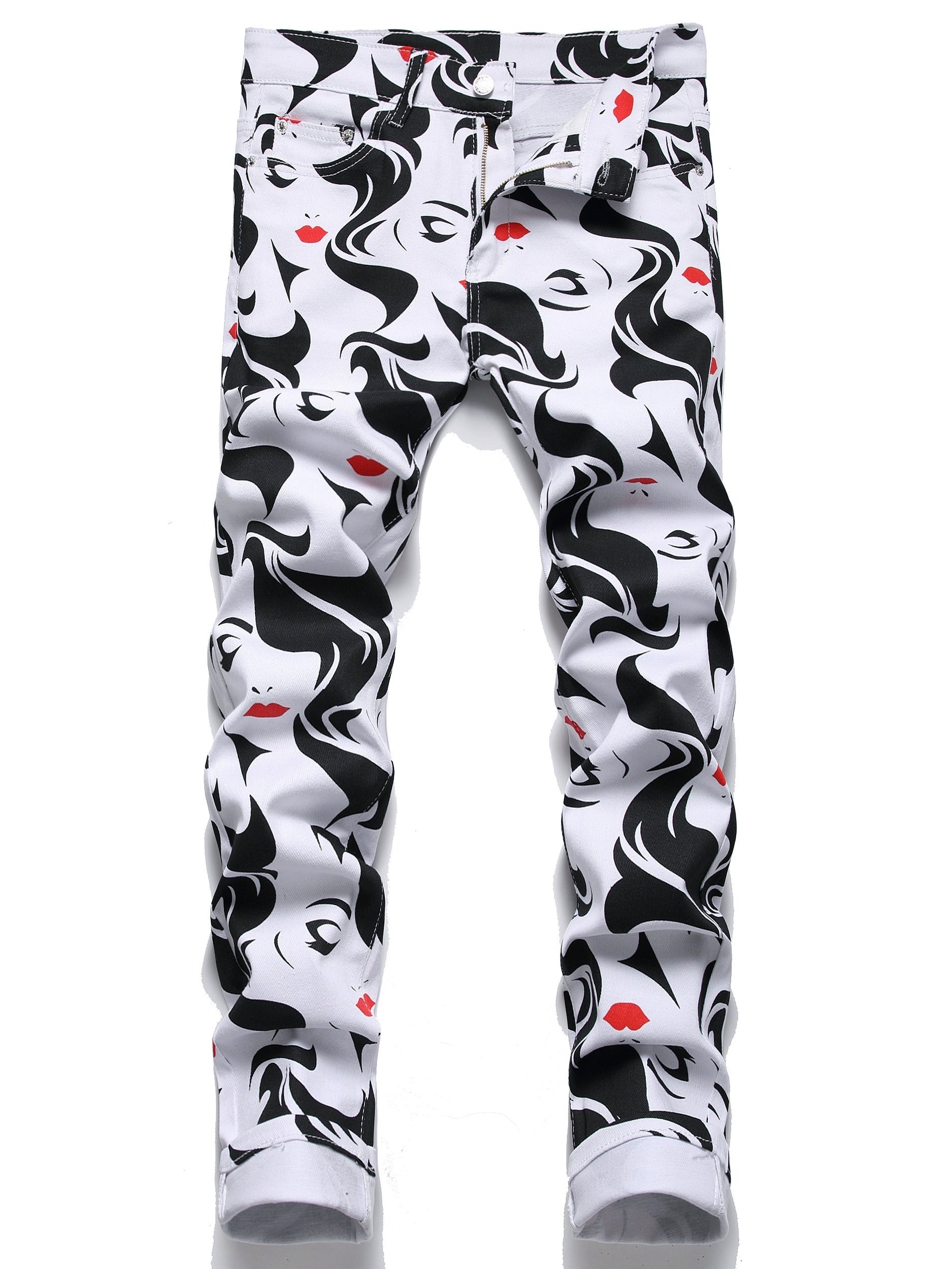 Insect Pattern Cotton Jeans Men's Casual Allover Print Denim Pants