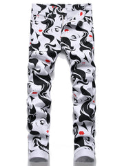 Insect Pattern Cotton Jeans Men's Casual Allover Print Denim Pants