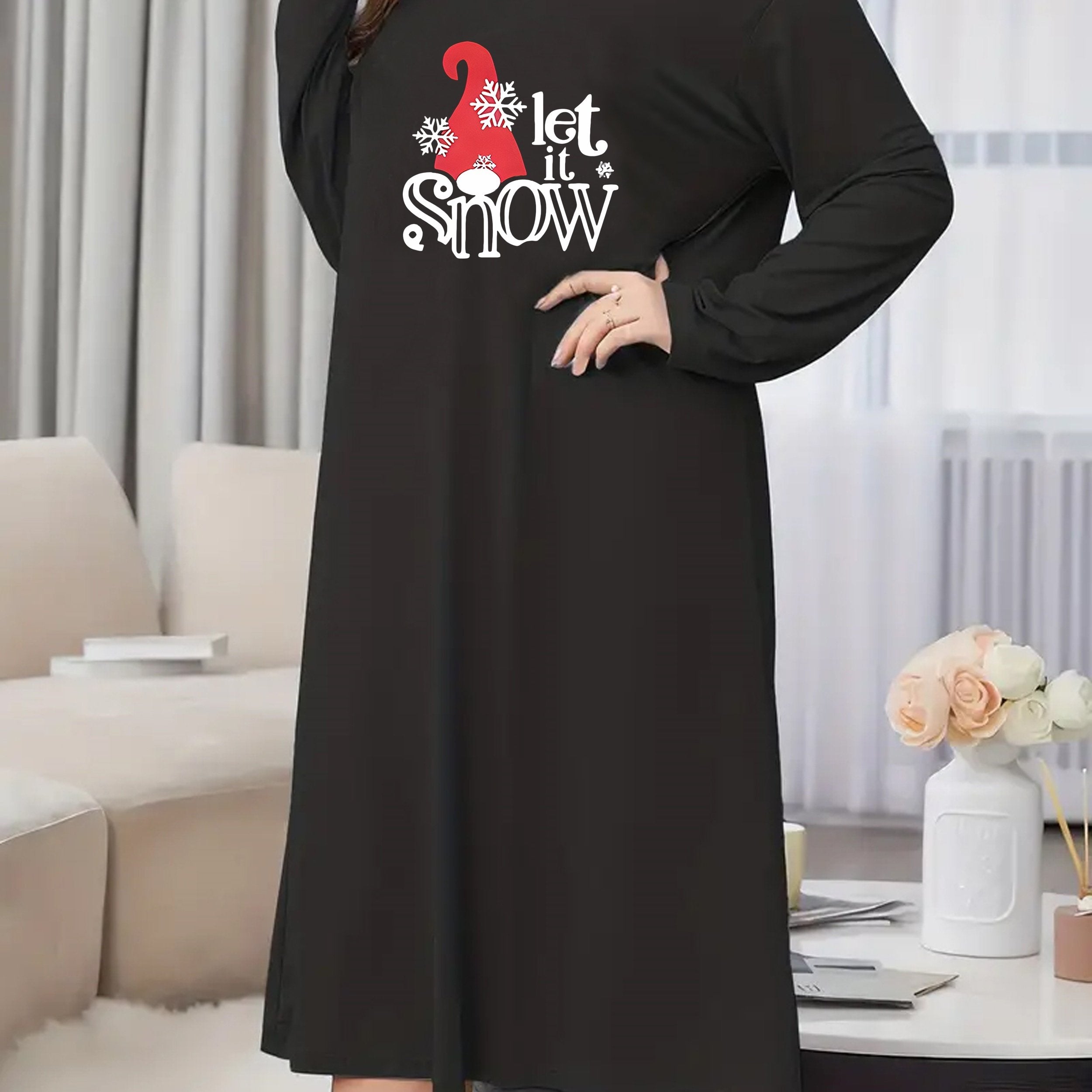 Christmas Nightdress Snowflake Print Long Sleeve Tee Sleep Dress