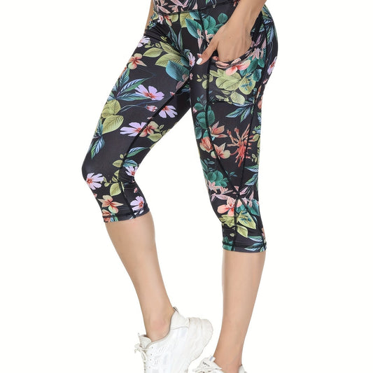 High Waist Yoga Capris w/ Pockets Tummy Control Floral Print Non See Through