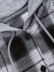 Plaid Print Long Sleeve Hooded Button Up Top