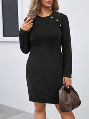 Casual Dress Women's Plus Solid Ribbed Button Decor Long Sleeve Dress