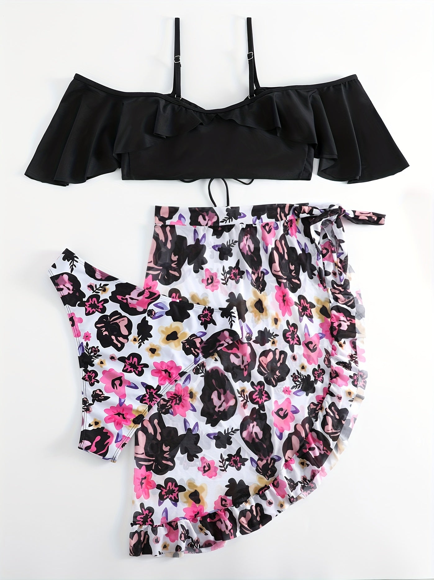 Floral Print Cold Shoulder Ruffle Trim Swimsuit Set