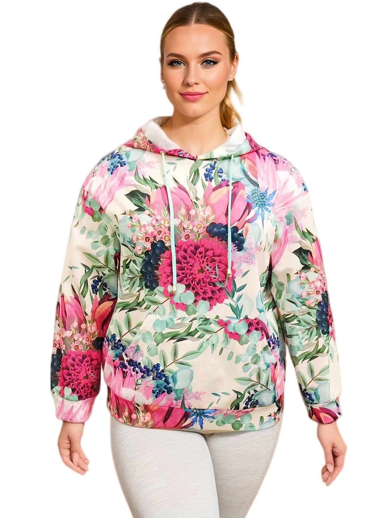 Floral Print Plus Size Sports Sweatshirt Long Sleeve Hoodie