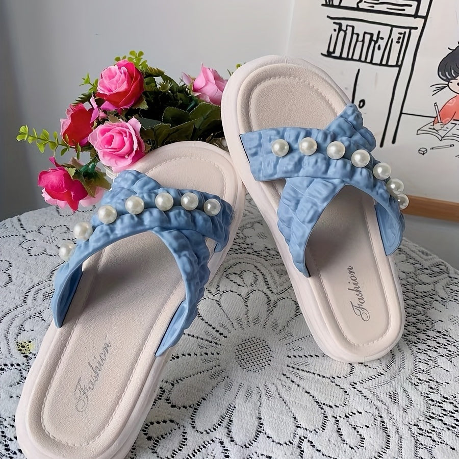 Women's Pearl Decor Sandals Open Toe Cross Strap Slip On Slippers