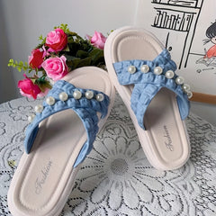 Women's Pearl Decor Sandals Open Toe Cross Strap Slip On Slippers