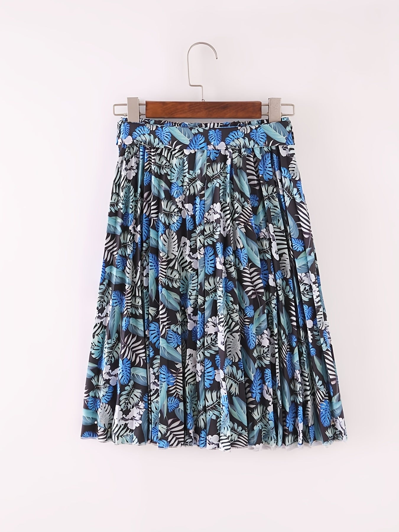 Boho Leaves Print Pleated Skirt with Tie Waist