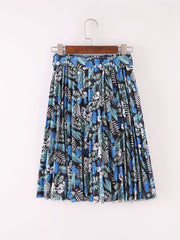Boho Leaves Print Pleated Skirt with Tie Waist