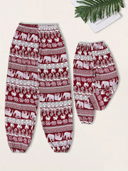 Girls Chinese Style Crane Graphic Sweatpants Elastic Waist Casual Jogger Pants