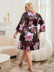 Floral Print Satin Belted Bathrobe