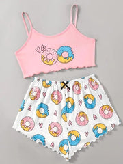Food Print Cami Tops & Shorts Pajama Set For Women