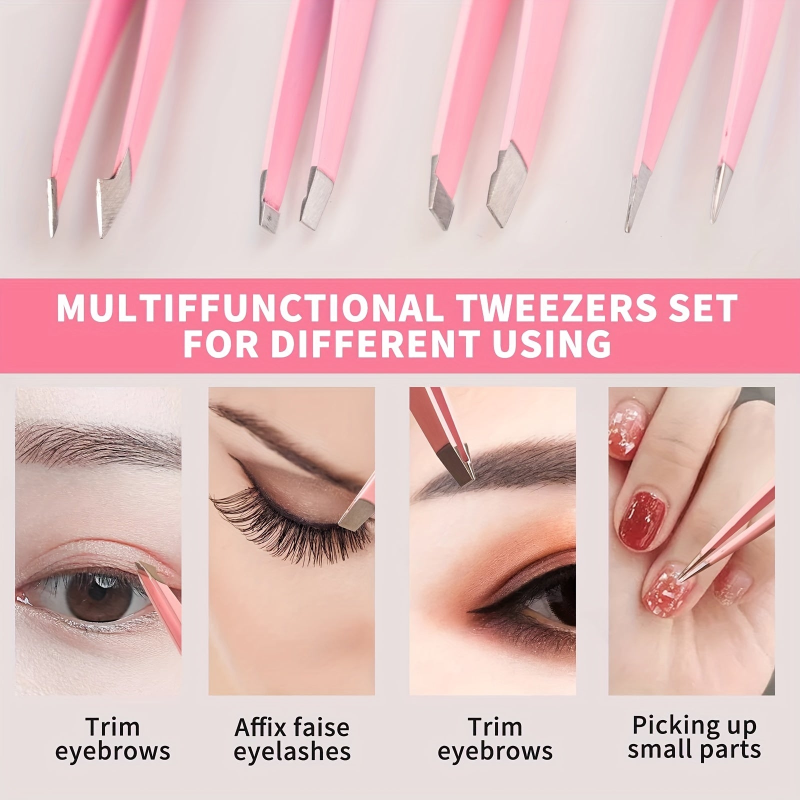 Eyebrow Tweezers 4 Pcs Stainless Steel Eye Brow Clips For Women Pink