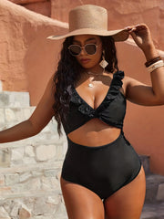 Women's Plus Solid V Neck Ruffle Trim Cut Out One Piece High Stretch Swimsuit