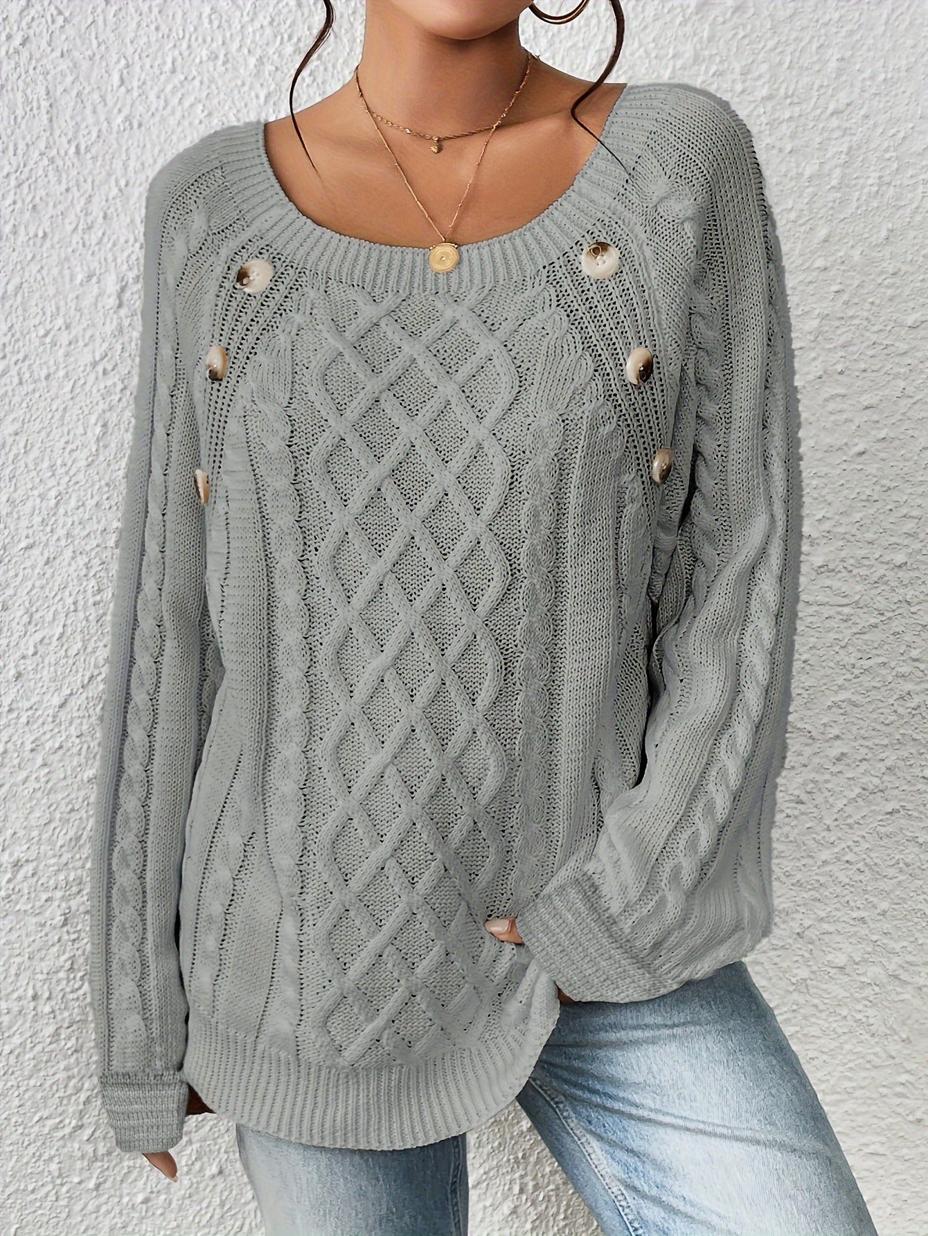 Textured Button Casual Sweater Long Sleeve Crew Neck Knit Jumper