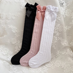 3 Pairs Girls Cable Knit Bow Knee High Socks Long Uniform Stockings