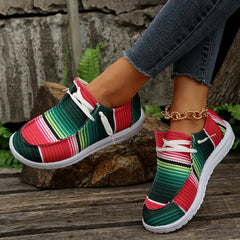 Women's Striped Canvas Shoes Round Toe Slip On Loafers Lightweight Flats
