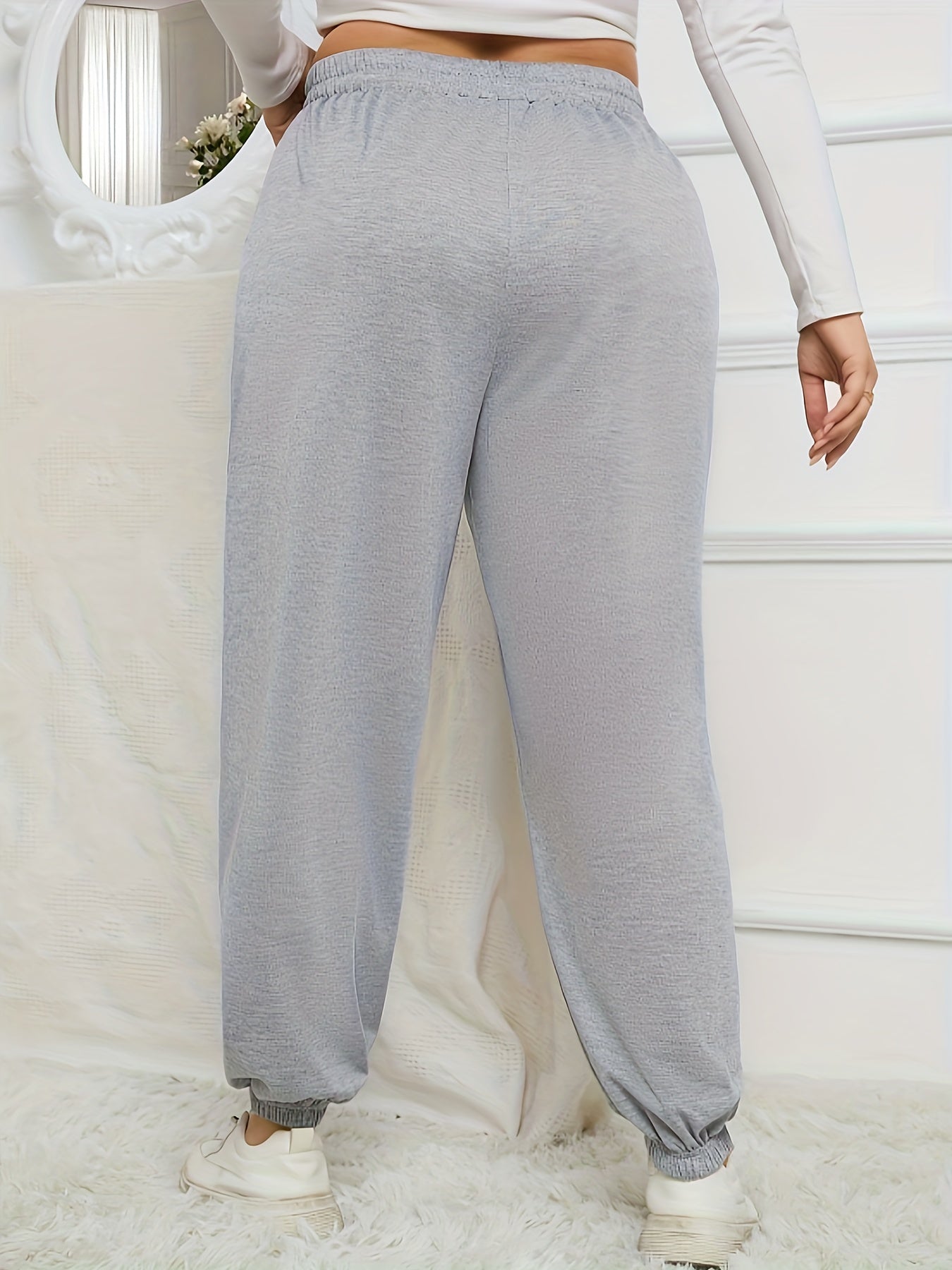 Women's Plus Size Sporty Pants Heart & Slogan Print Elastic Waist