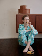 Wave Print Pajama Set Long Sleeve Top & Pants Women's Sleepwear