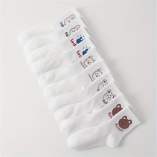 10 Pairs Bear & Bunny Print Mid Tube Socks for Women