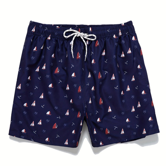 Sailboat Print Mesh Lining Drawstring Men s Swim Trunks