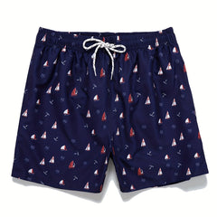 Sailboat Print Mesh Lining Drawstring Men s Swim Trunks