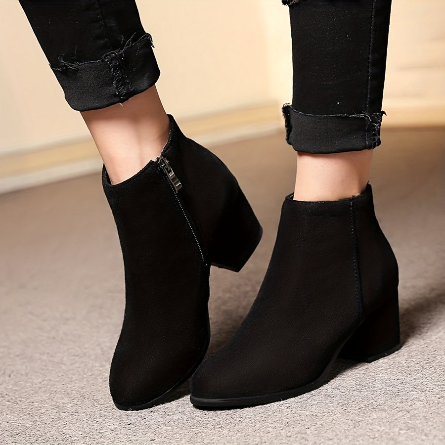 Women's Suede Short Boots Block Heel Round Toe Side Zipper Shoes