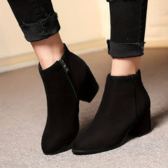 Women's Suede Short Boots Block Heel Round Toe Side Zipper Shoes