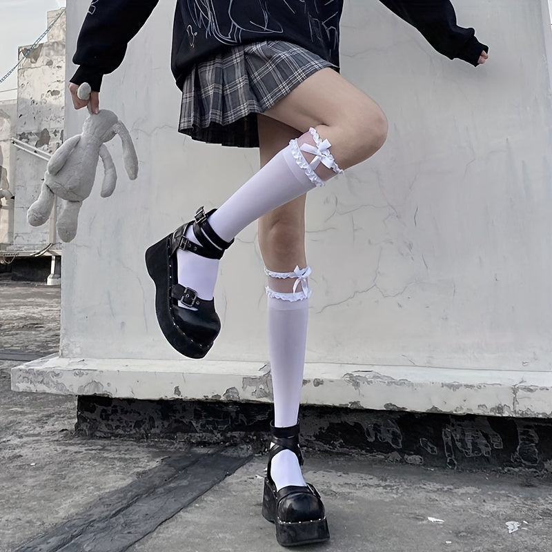 Bow Decor Lace Trim Calf Socks Knee High Stockings Women's Hosiery