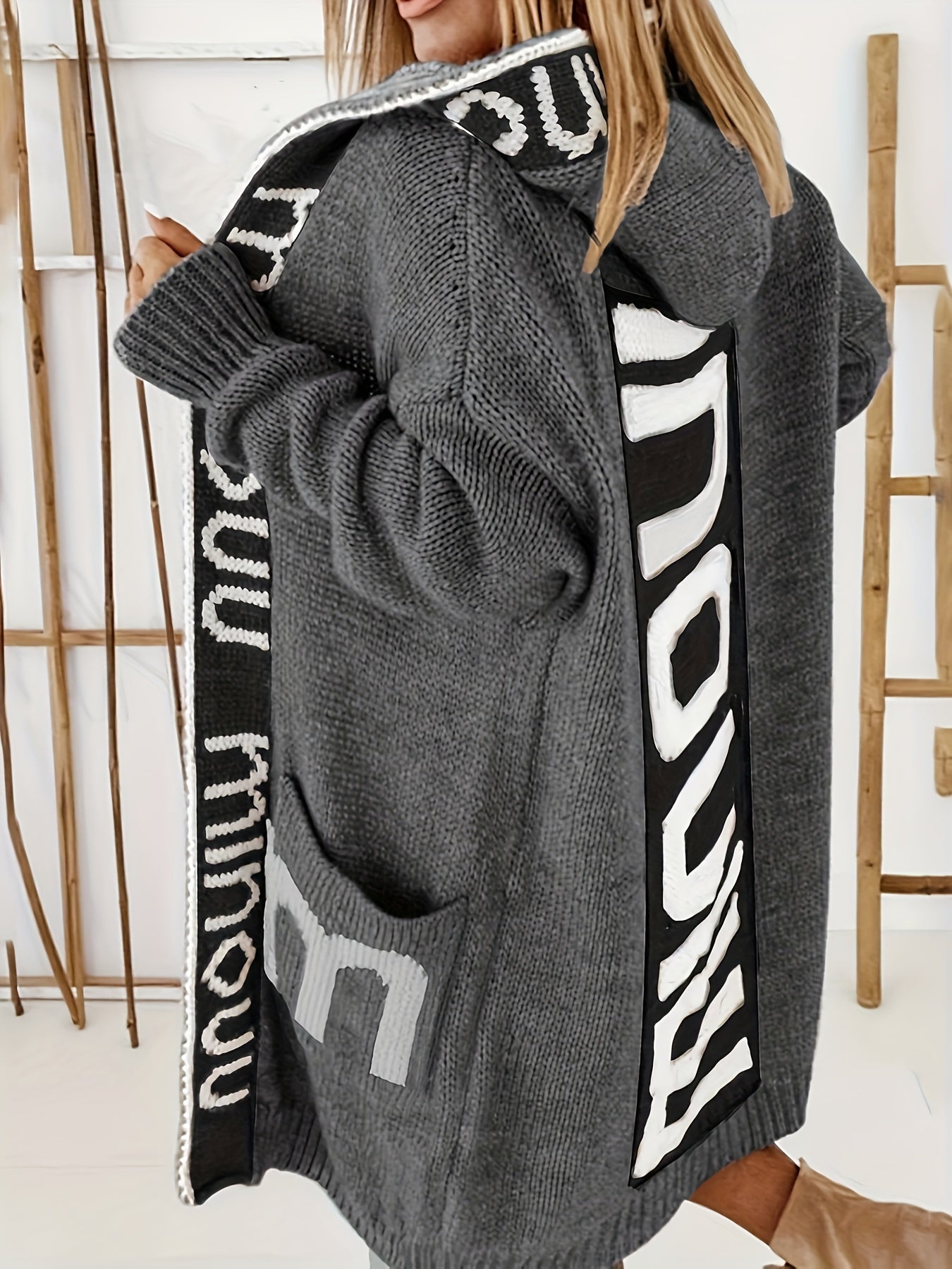 Letter Print Hooded Cardigan with Pockets