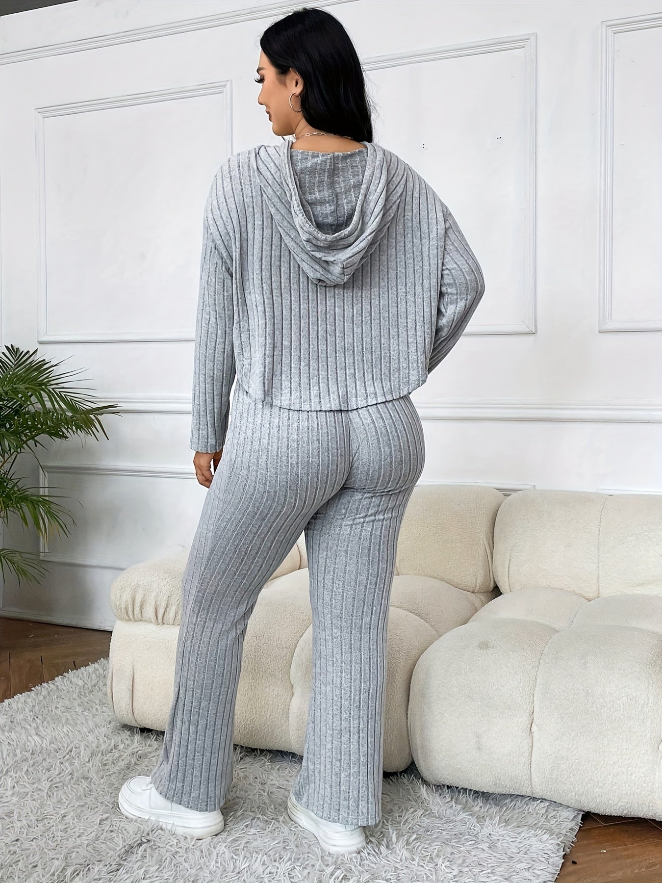 Solid Long Sleeve Hoodie & Pants Outfits 2 Piece Set