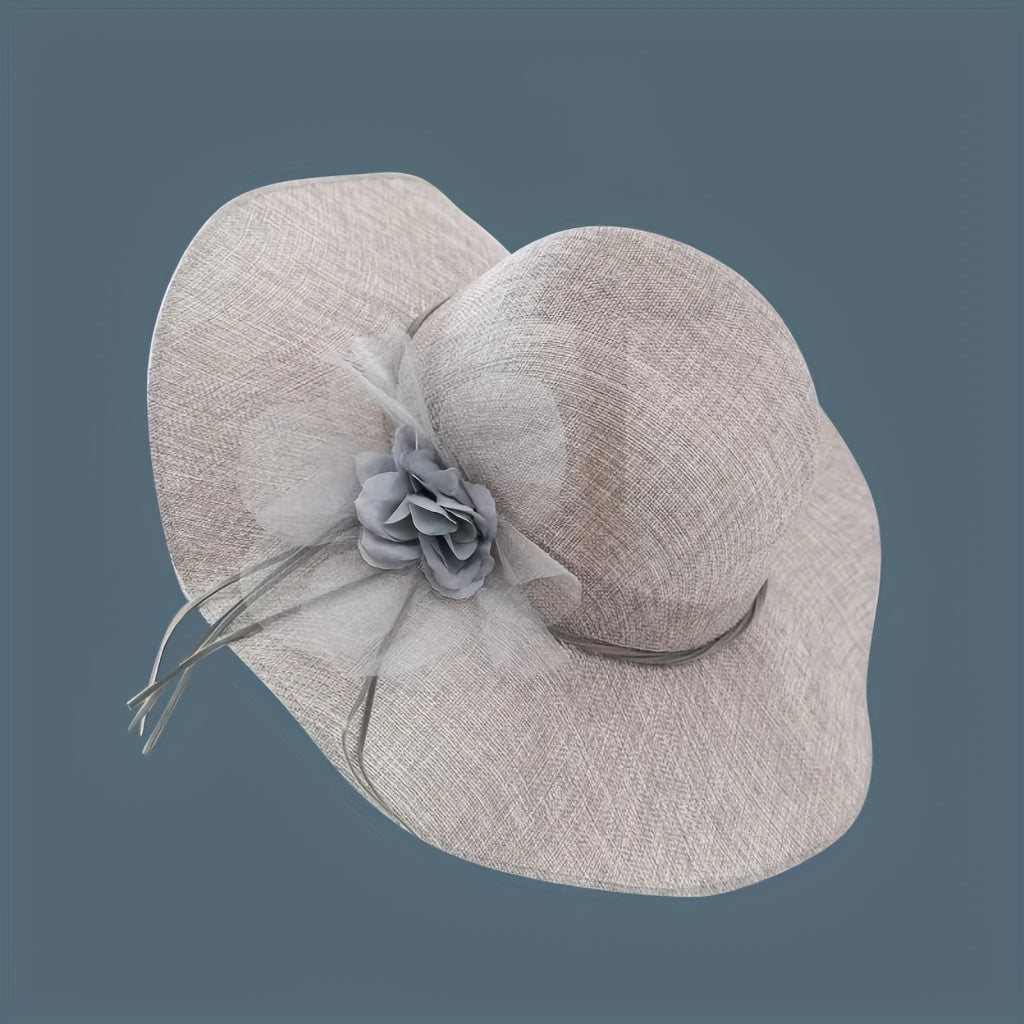 Floppy Mesh Breathable Sun Hat Flower Decor Solid Bucket Hat