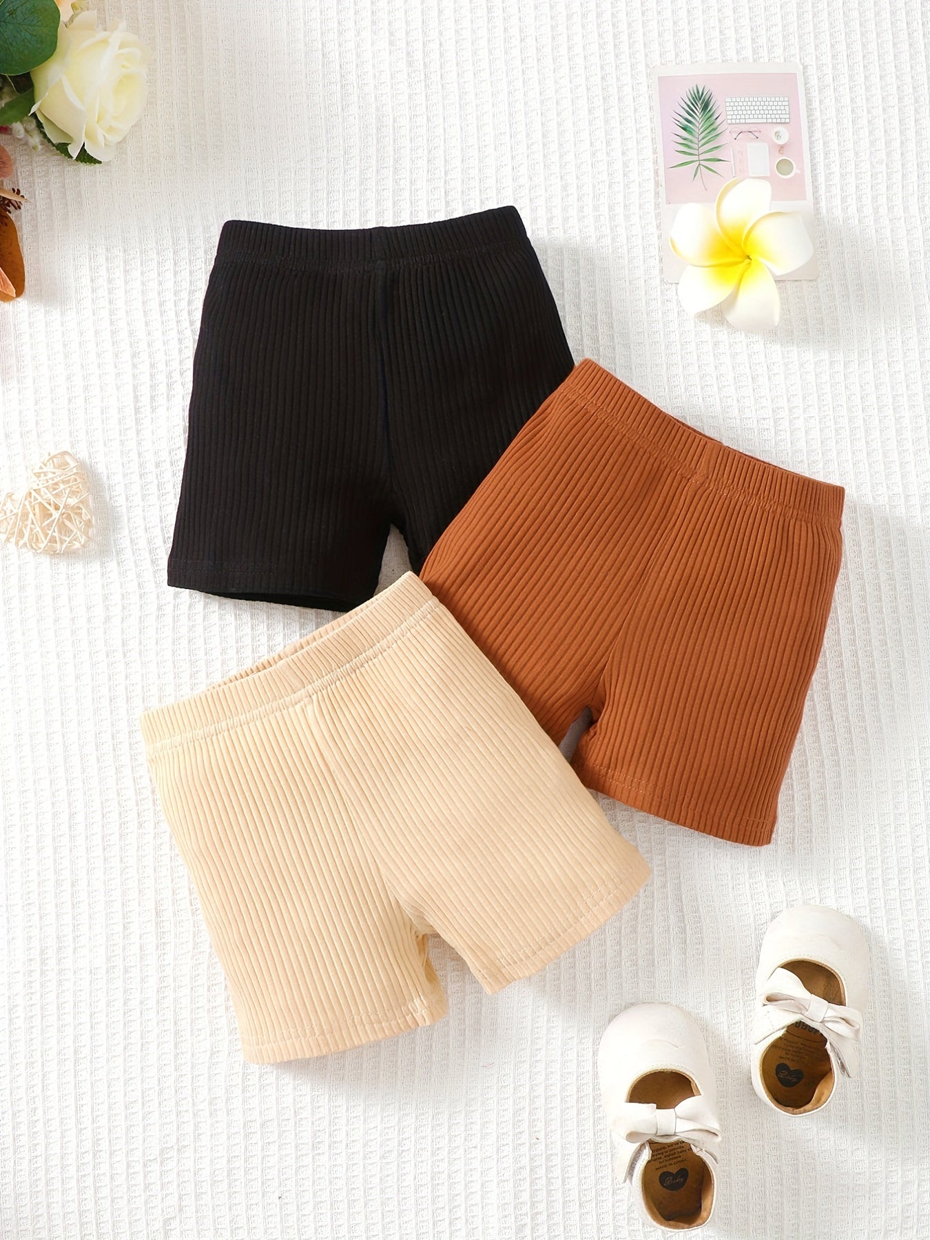 3pcs Baby Girl's Casual Elastic Waist Shorts Set For Summer