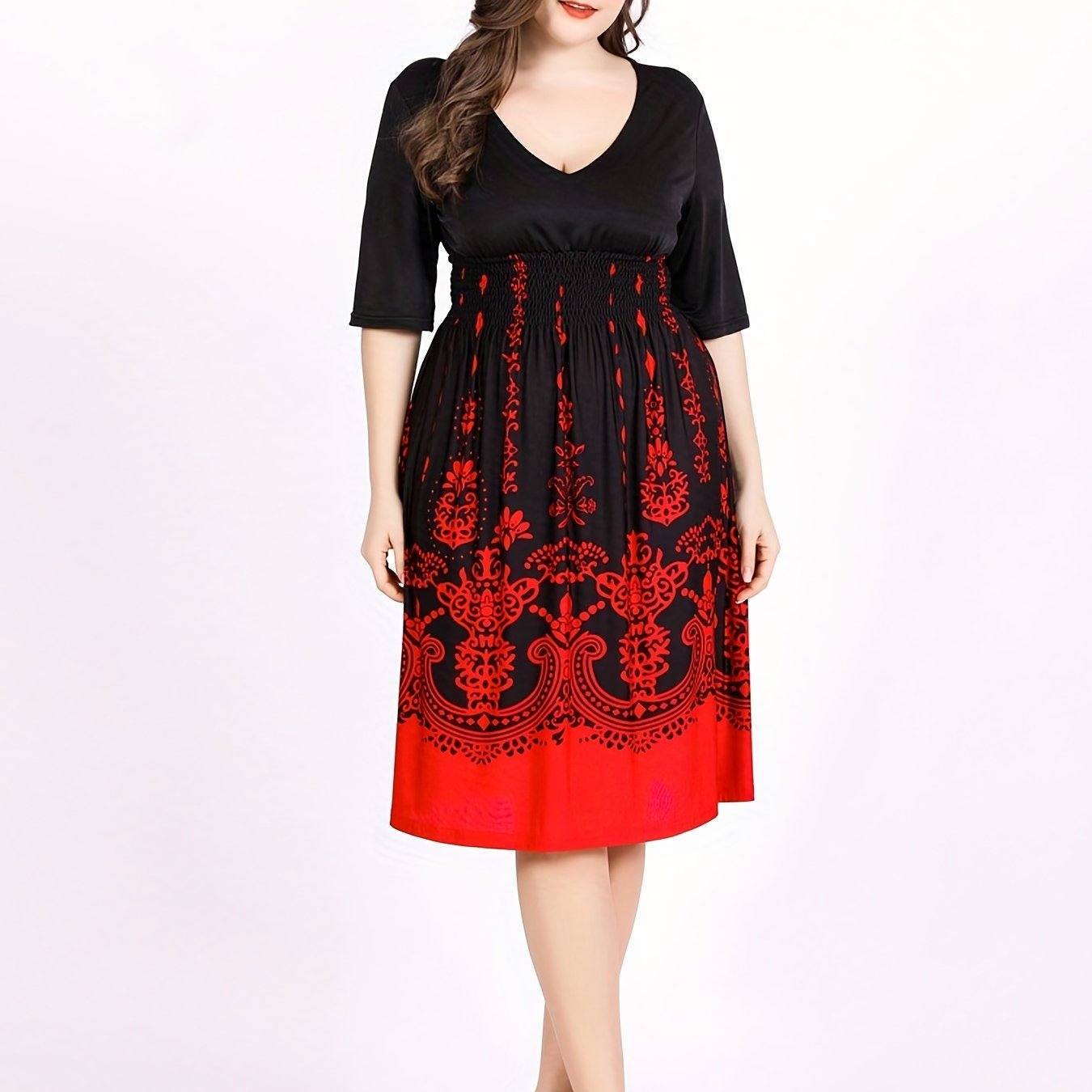 Damask Print Half Sleeve V-Neck Midi Dress