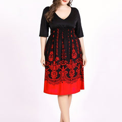 Damask Print Half Sleeve V-Neck Midi Dress