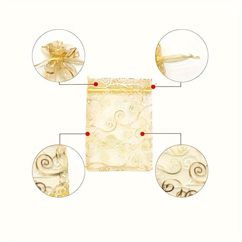 100pcs Golden Organza Bags Drawstring Printed Jewelry Gift Bags